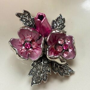 Gorgeous SIlver and Pink Enamel Floral Brooch